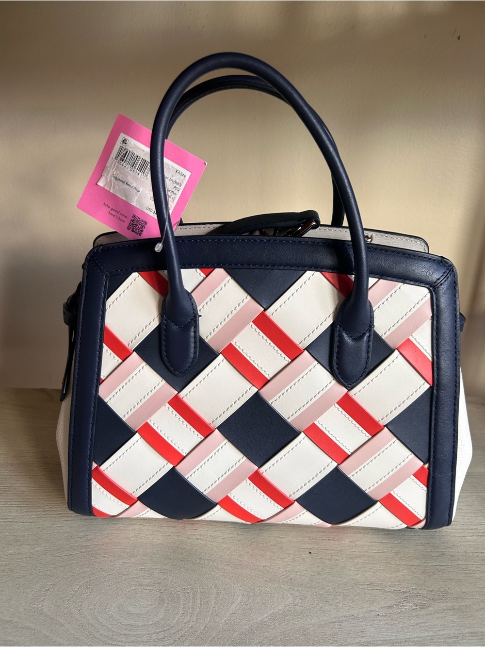kate spade Navy, White & Red Woven-Panel Satchel